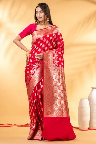 red dual tone katan banarasi silk blend saree with golden zari buta