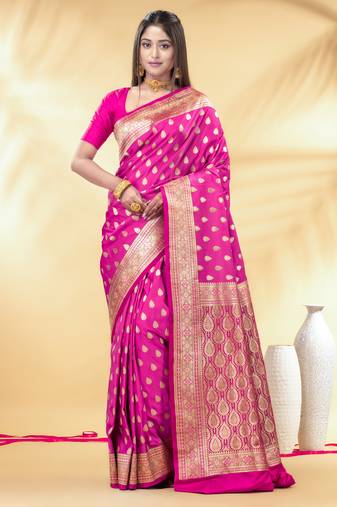 pink katan banarasi silk blend saree with gold zari buta