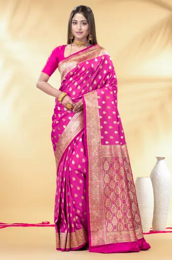 pink katan banarasi silk blend saree with gold zari buta