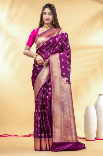 violet katan banarasi silk blend saree with gold zari weaving