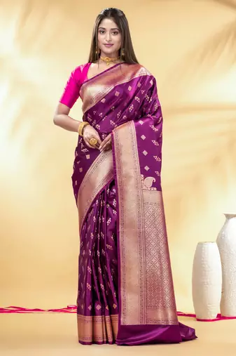 violet katan banarasi silk blend saree with gold zari weaving