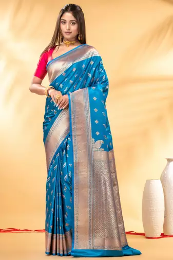 sky blue katan banarasi silk blend saree with gold zari weaving