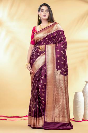 purple katan banarasi silk blend saree with gold zari weaving