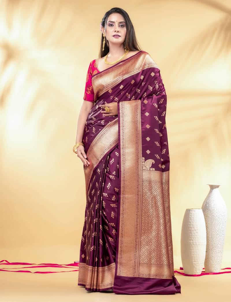 purple katan banarasi silk blend saree with gold zari weaving
