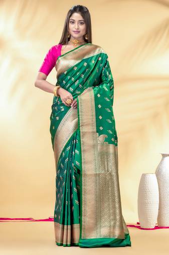 green dual tone katan banarasi silk blend saree with gold zari weaving