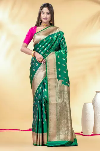 green dual tone katan banarasi silk blend saree with gold zari weaving