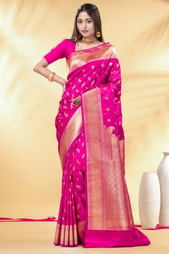 pink katan banarasi silk blend saree with gold zari weaving