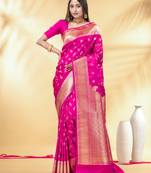 pink katan banarasi silk blend saree with gold zari weaving