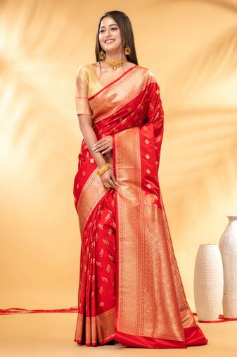 red katan banarasi silk blend saree with gold zari weaving