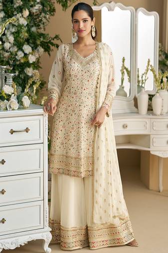 Ivory real georgette heavy thread embroidery hand seroski with sequins work top-palazzo with dupatta