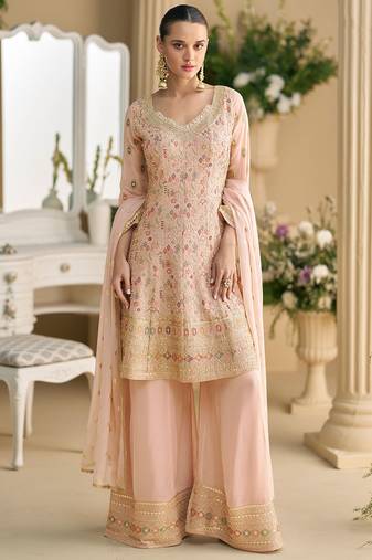 Baby pink real georgette heavy thread embroidery hand seroski with sequins work top-palazzo with dupatta