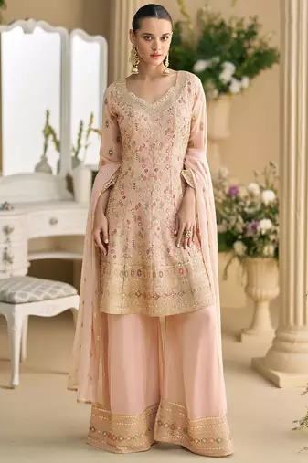 Baby pink real georgette heavy thread embroidery hand seroski with sequins work top-palazzo with dupatta