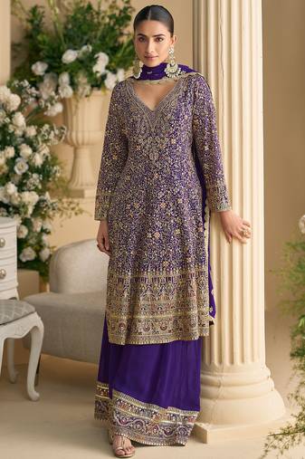 Royal blue real georgette heavy thread embroidery hand seroski with sequins work top-palazzo with dupatta