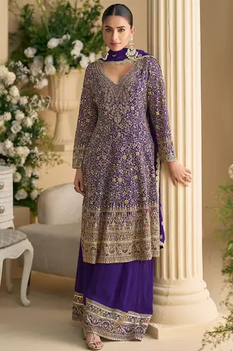 Royal blue real georgette heavy thread embroidery hand seroski with sequins work top-palazzo with dupatta