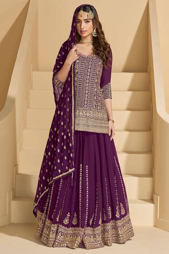 Purple real georgette heavy thread embroidery hand seroski with sequins work top-lehenga with dupatta