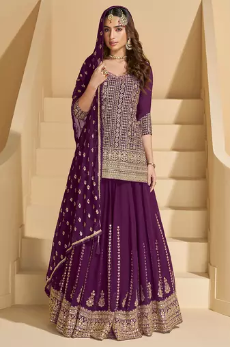 Purple real georgette heavy thread embroidery hand seroski with sequins work top-lehenga with dupatta