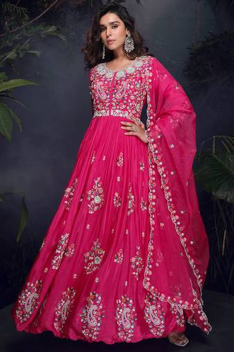Rani pink real chinon silk heavy multi thread embroidery with handwork gown with dupatta