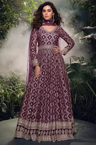 Wine pure viscose jacquard silk jacquard woven with thread embroidery sequins work top with dupatta