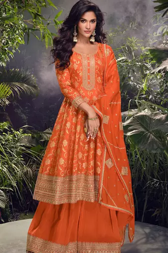 Orange pure viscose jacquard silk jacquard woven with heavy thread embroidery sequins work top-palazzo with dupatta