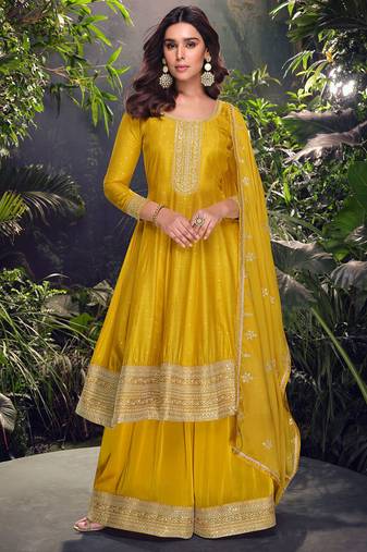 Yellow pure viscose jacquard silk jacquard woven with heavy thread embroidery sequins work top-palazzo with dupatta