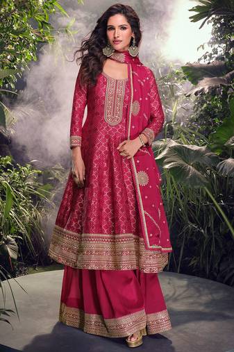 Rani pink pure viscose jacquard silk jacquard woven with heavy thread embroidery sequins work top-palazzo with dupatta