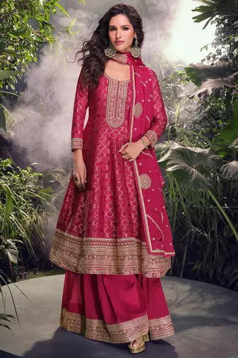 Rani pink pure viscose jacquard silk jacquard woven with heavy thread embroidery sequins work top-palazzo with dupatta