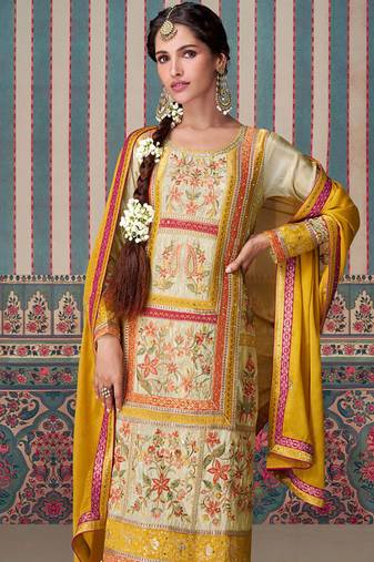 Cream real simar silk heavy thread embroidery sequins work with jacquard lace top-palazzo with dupatta