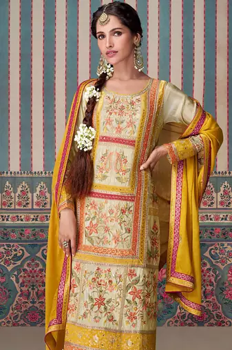 Cream real simar silk heavy thread embroidery sequins work with jacquard lace top-palazzo with dupatta