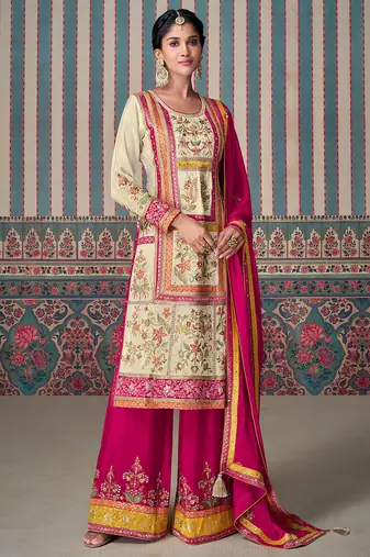 Cream real simar silk heavy thread embroidery sequins work with jacquard lace top-palazzo with dupatta