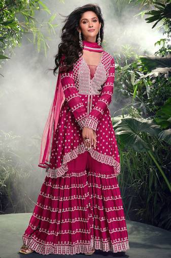 Rani pink real chinon silk heavy thread embroidery, sequins with hand mirror work top-palazzo with dupatta