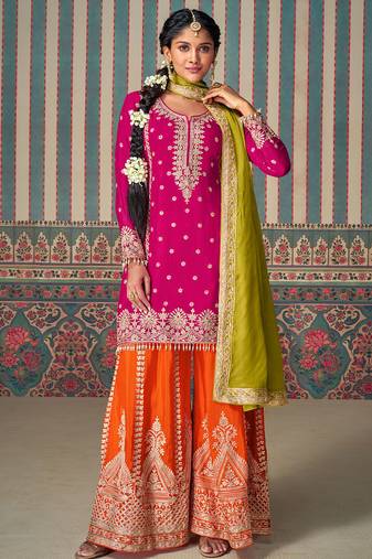 Rani pink real chinon silk heavy thread embroidery with sequins hand embellished mirror work top-palazzo with dupatta