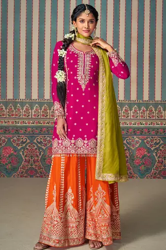 Rani pink real chinon silk heavy thread embroidery with sequins hand embellished mirror work top-palazzo with dupatta