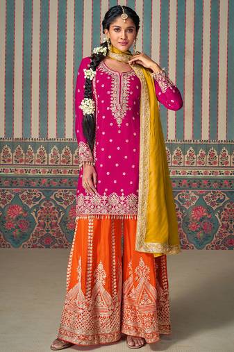 Rani pink real chinon silk heavy thread embroidery with sequins hand embellished mirror work top-palazzo with dupatta