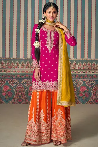 Rani pink real chinon silk heavy thread embroidery with sequins hand embellished mirror work top-palazzo with dupatta