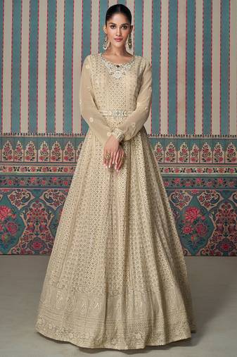 Beige real georgette heavy thread embroidery with sequins work anarkali gown