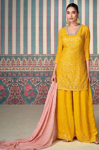Mustard real chinon silk heavy thread embroidery with sequins work top-palazzo with dupatta