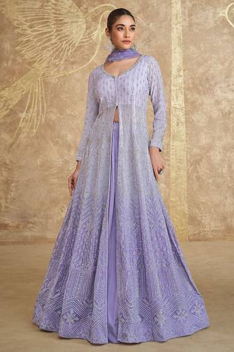 Lavender real georgette heavy thread embroidery with sequins work top-skirt with dupatta