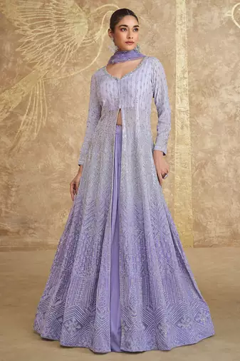 Lavender real georgette heavy thread embroidery with sequins work top-skirt with dupatta