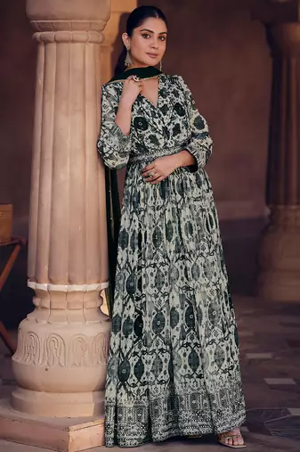 Multicolor real georgette printed with thread embroidery work top with dupatta