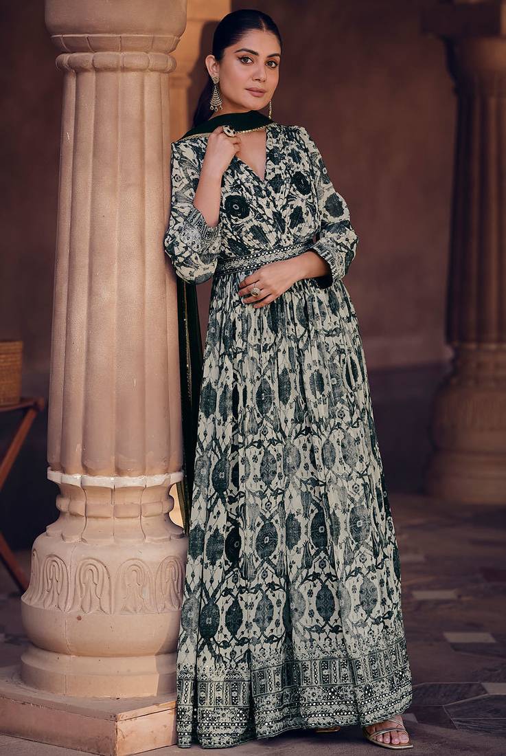 Multicolor real georgette printed with thread embroidery work top with dupatta