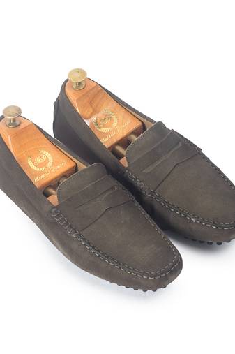 Grey solid leather loafers
