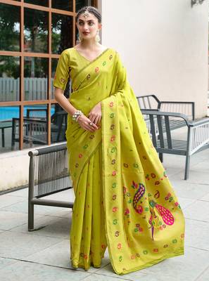 Light green floral butti silk blend zari weaving paithani saree 1