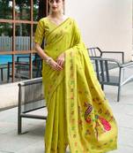 Light green floral butti silk blend zari weaving paithani saree