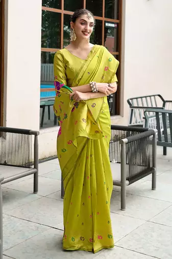 Light green floral butti silk blend zari weaving paithani saree