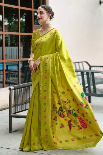 Light green floral butti silk blend zari weaving paithani saree