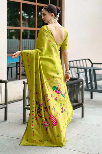 Light green floral butti silk blend zari weaving paithani saree