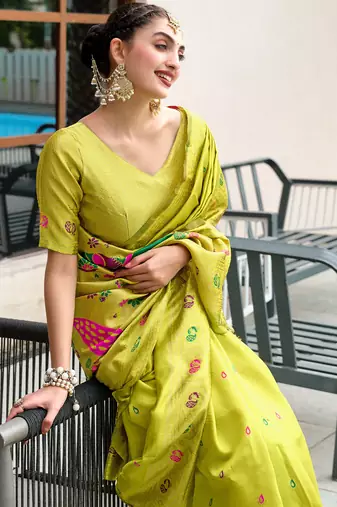 Light green floral butti silk blend zari weaving paithani saree