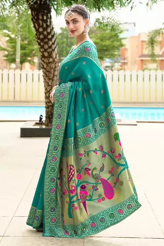 Green floral butti silk blend zari weaving paithani saree