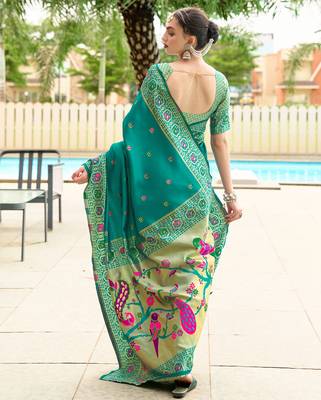 Green floral butti silk blend zari weaving paithani saree 5