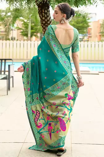 Green floral butti silk blend zari weaving paithani saree